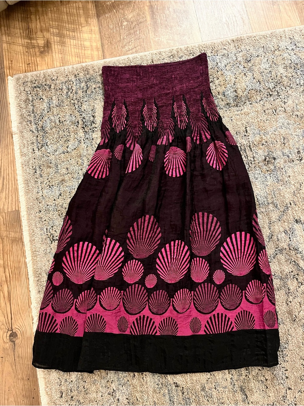 Lapis Pink and Black Strapless Shell-Print Midi Dress